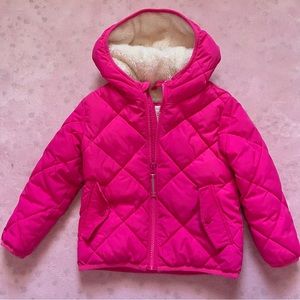Kids Hot Pink Fuzzy Zip Up Hooded Puffer Jacket